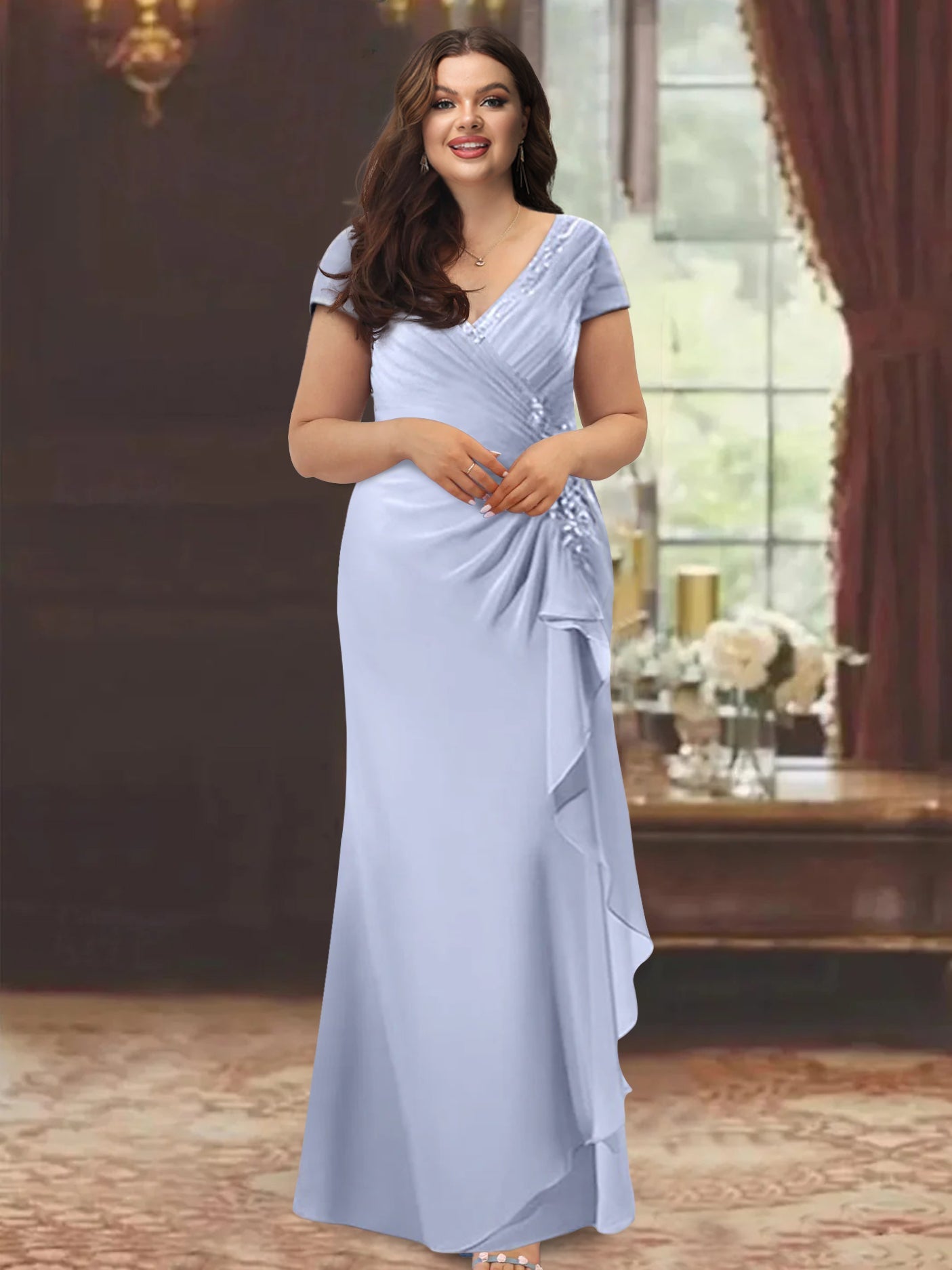 V-Neck Short Sleeve Plus Size Mother of the Bride Sheath Dress with Ruffles and Appliques