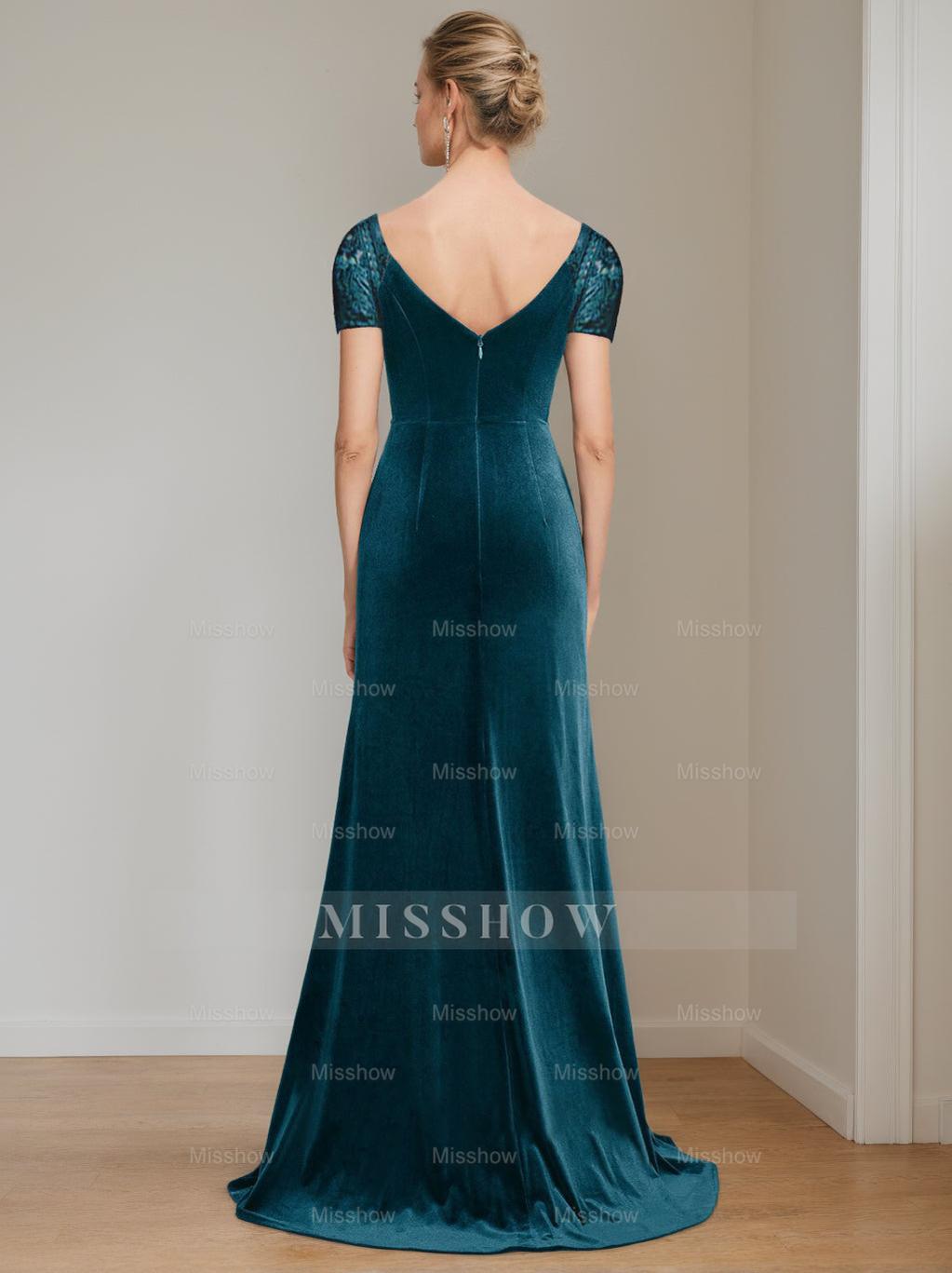 V-Neck Short-Sleeved Velvet Mother of the Bride Gown with Ruffles and Appliques in Trumpet/Mermaid Style