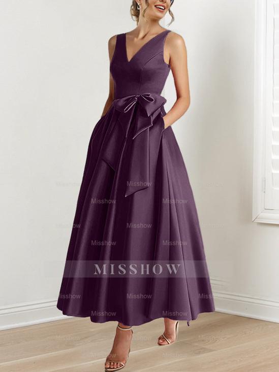 V-Neck Sleeveless A-Line Princess Ankle-Length Mother of the Bride Dress with Ruffles & Pockets