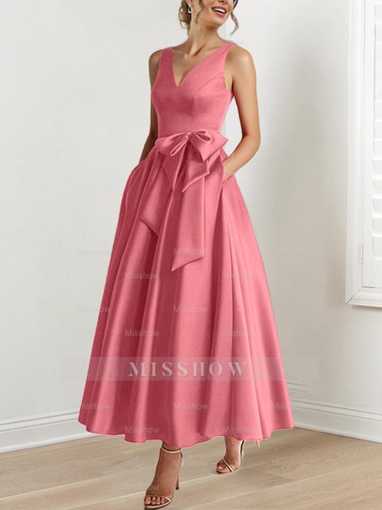 V-Neck Sleeveless A-Line Princess Ankle-Length Mother of the Bride Dress with Ruffles & Pockets