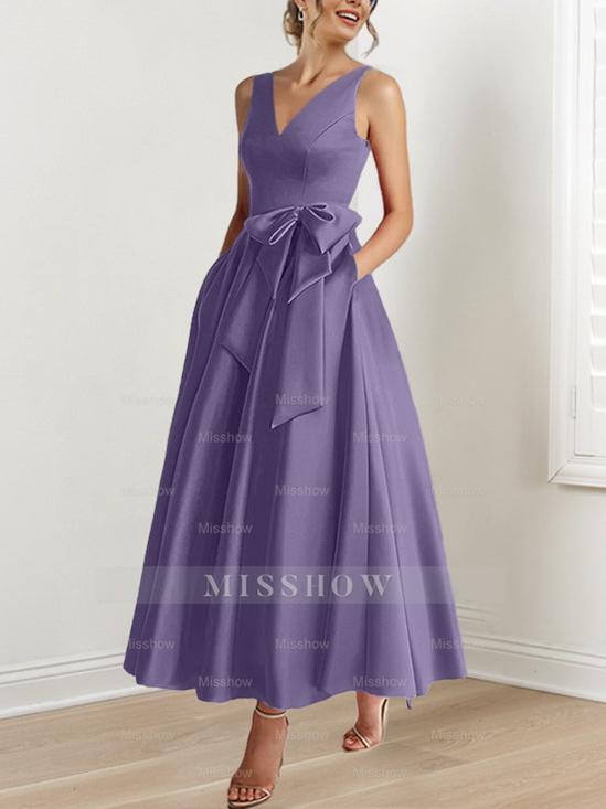 V-Neck Sleeveless A-Line Princess Ankle-Length Mother of the Bride Dress with Ruffles & Pockets