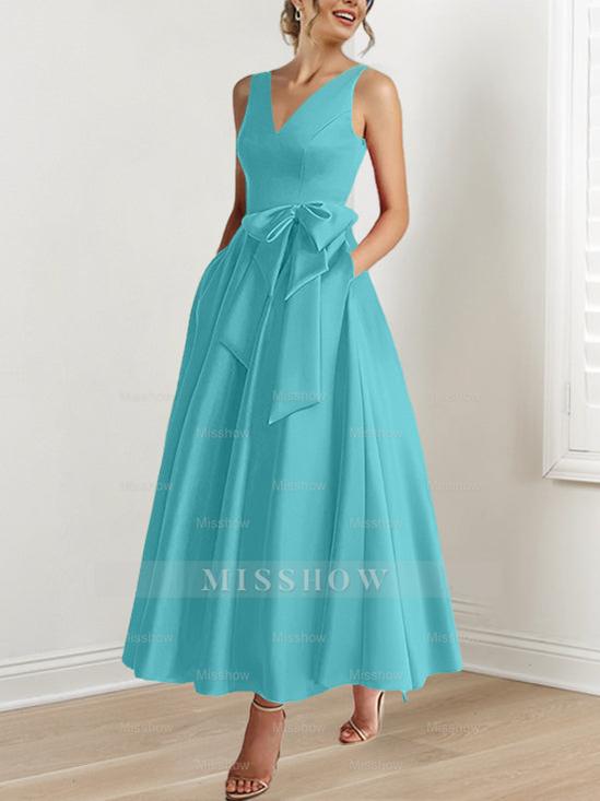 V-Neck Sleeveless A-Line Princess Ankle-Length Mother of the Bride Dress with Ruffles & Pockets