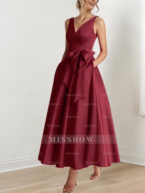V-Neck Sleeveless A-Line Princess Ankle-Length Mother of the Bride Dress with Ruffles & Pockets