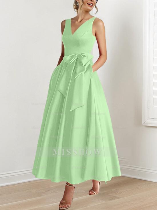 V-Neck Sleeveless A-Line Princess Ankle-Length Mother of the Bride Dress with Ruffles & Pockets