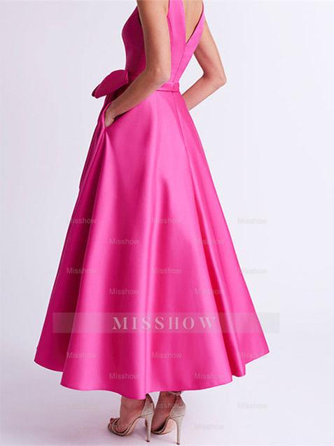 V-Neck Sleeveless A-Line Princess Ankle-Length Mother of the Bride Dress with Ruffles & Pockets