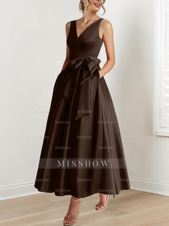 V-Neck Sleeveless A-Line Princess Ankle-Length Mother of the Bride Dress with Ruffles & Pockets