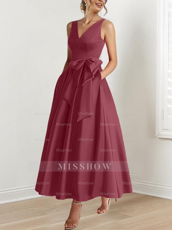 V-Neck Sleeveless A-Line Princess Ankle-Length Mother of the Bride Dress with Ruffles & Pockets