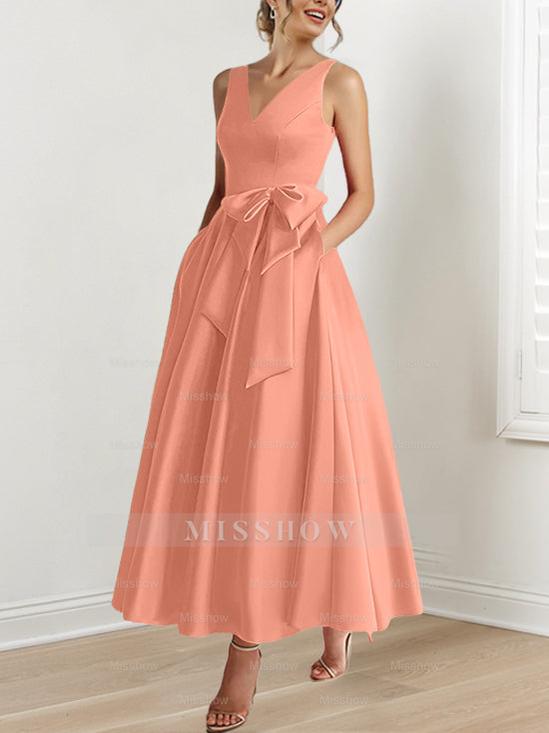 V-Neck Sleeveless A-Line Princess Ankle-Length Mother of the Bride Dress with Ruffles & Pockets