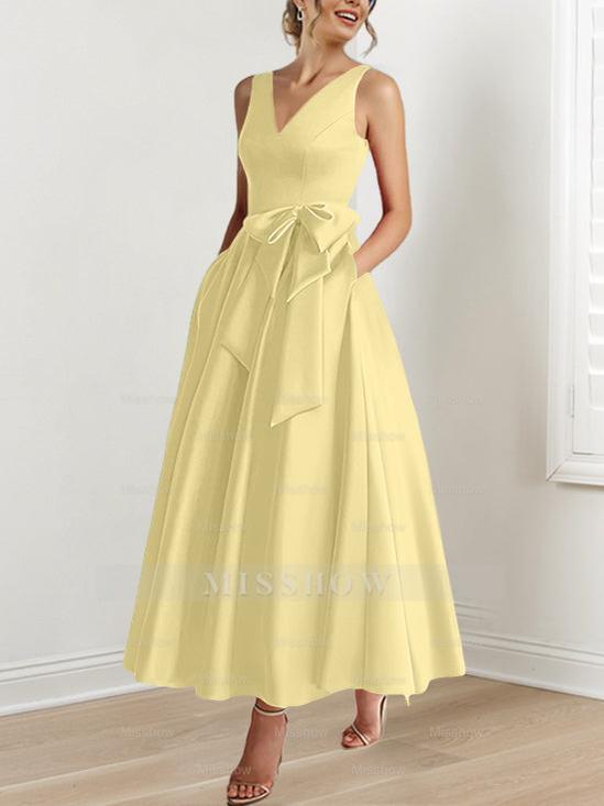 V-Neck Sleeveless A-Line Princess Ankle-Length Mother of the Bride Dress with Ruffles & Pockets