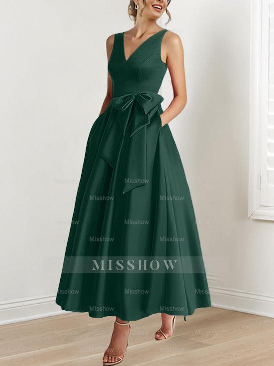 V-Neck Sleeveless A-Line Princess Ankle-Length Mother of the Bride Dress with Ruffles & Pockets