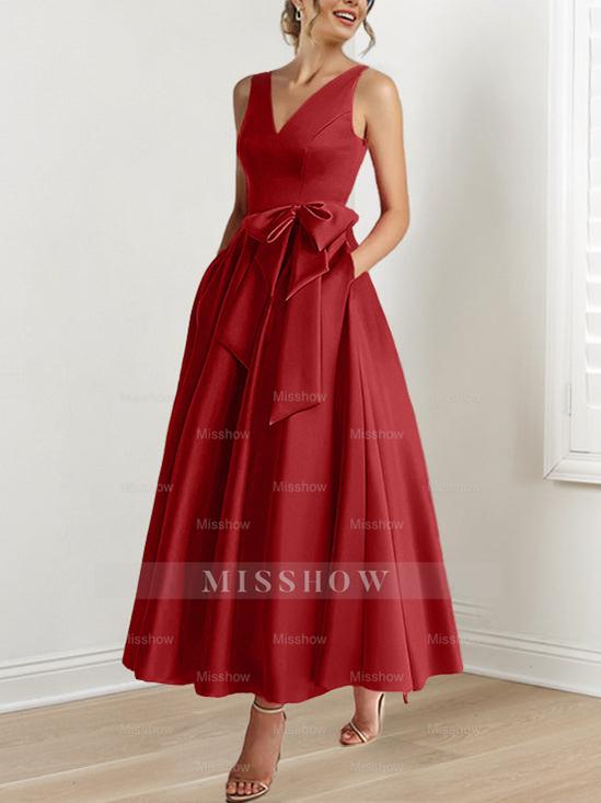 V-Neck Sleeveless A-Line Princess Ankle-Length Mother of the Bride Dress with Ruffles & Pockets