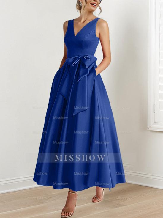 V-Neck Sleeveless A-Line Princess Ankle-Length Mother of the Bride Dress with Ruffles & Pockets