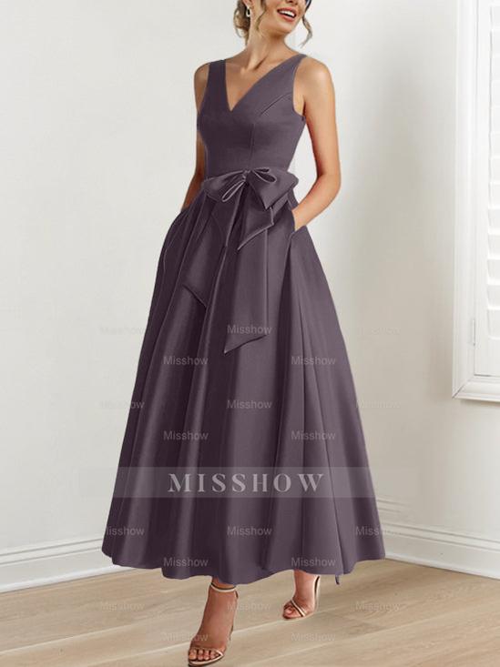 V-Neck Sleeveless A-Line Princess Ankle-Length Mother of the Bride Dress with Ruffles & Pockets
