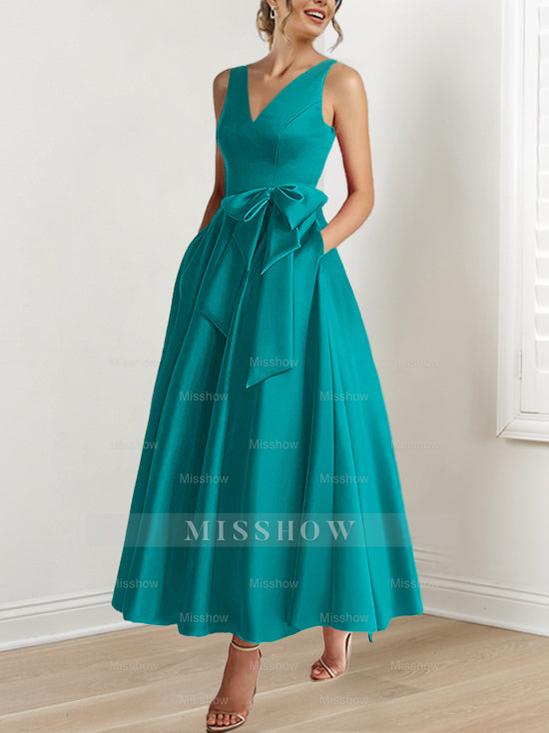 V-Neck Sleeveless A-Line Princess Ankle-Length Mother of the Bride Dress with Ruffles & Pockets