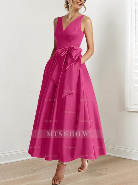V-Neck Sleeveless A-Line Princess Ankle-Length Mother of the Bride Dress with Ruffles & Pockets