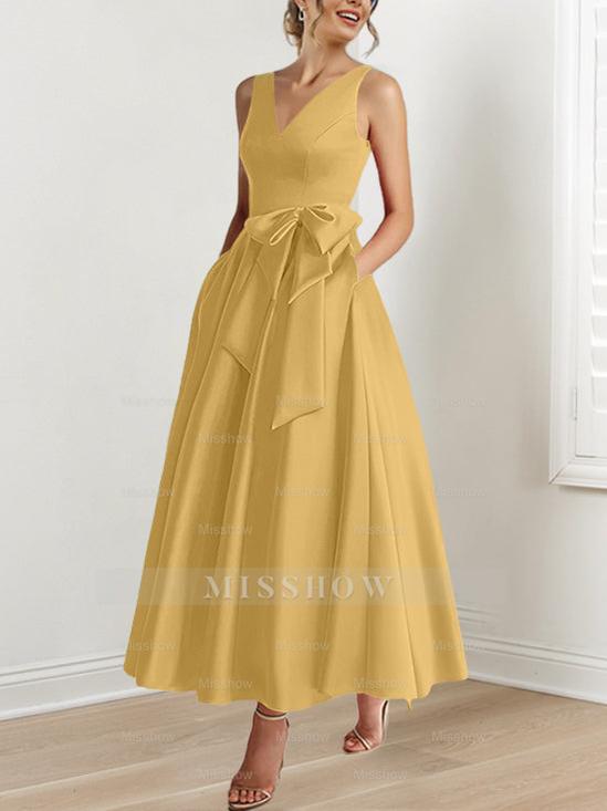 V-Neck Sleeveless A-Line Princess Ankle-Length Mother of the Bride Dress with Ruffles & Pockets