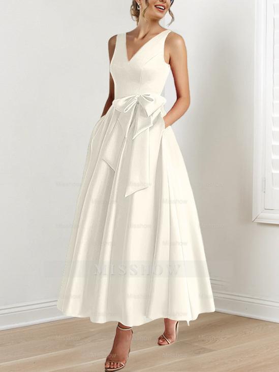 V-Neck Sleeveless A-Line Princess Ankle-Length Mother of the Bride Dress with Ruffles & Pockets