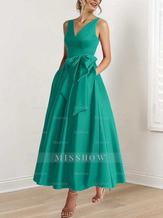 V-Neck Sleeveless A-Line Princess Ankle-Length Mother of the Bride Dress with Ruffles & Pockets