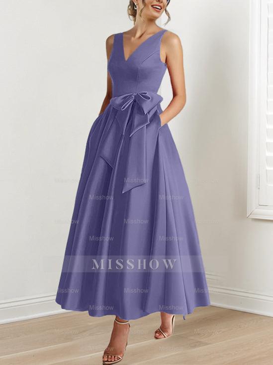 V-Neck Sleeveless A-Line Princess Ankle-Length Mother of the Bride Dress with Ruffles & Pockets