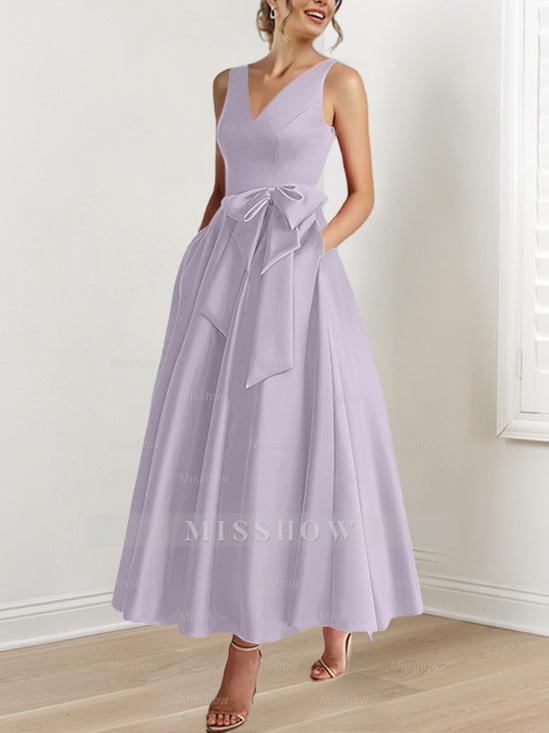 V-Neck Sleeveless A-Line Princess Ankle-Length Mother of the Bride Dress with Ruffles & Pockets