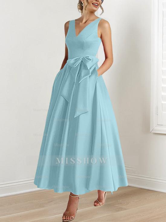 V-Neck Sleeveless A-Line Princess Ankle-Length Mother of the Bride Dress with Ruffles & Pockets