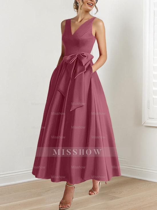 V-Neck Sleeveless A-Line Princess Ankle-Length Mother of the Bride Dress with Ruffles & Pockets