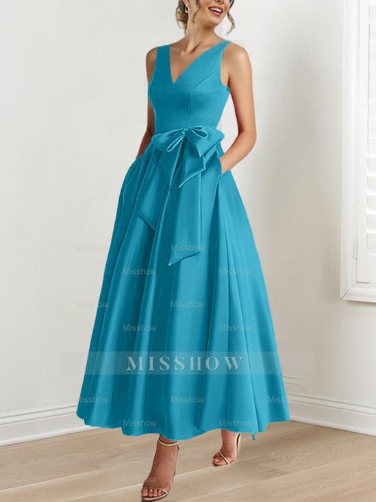 V-Neck Sleeveless A-Line Princess Ankle-Length Mother of the Bride Dress with Ruffles & Pockets