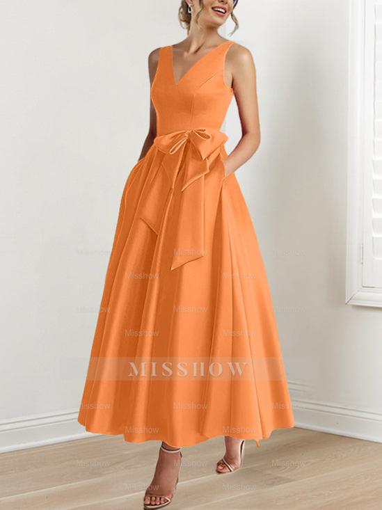 V-Neck Sleeveless A-Line Princess Ankle-Length Mother of the Bride Dress with Ruffles & Pockets