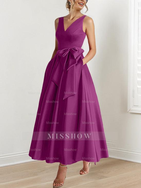 V-Neck Sleeveless A-Line Princess Ankle-Length Mother of the Bride Dress with Ruffles & Pockets