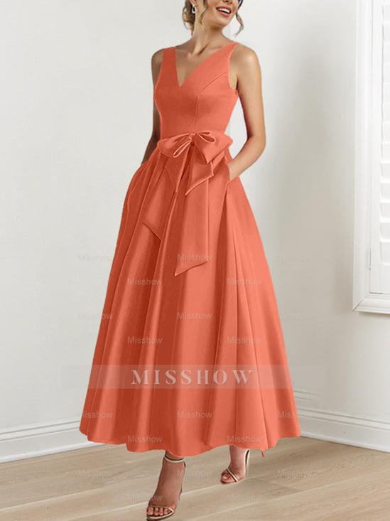 V-Neck Sleeveless A-Line Princess Ankle-Length Mother of the Bride Dress with Ruffles & Pockets