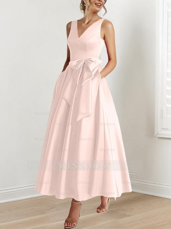V-Neck Sleeveless A-Line Princess Ankle-Length Mother of the Bride Dress with Ruffles & Pockets