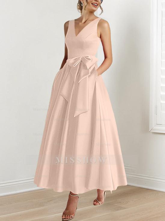 V-Neck Sleeveless A-Line Princess Ankle-Length Mother of the Bride Dress with Ruffles & Pockets