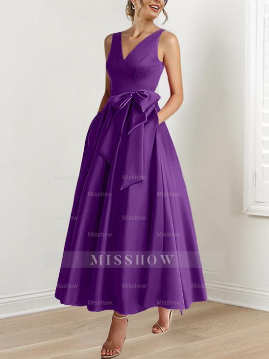 V-Neck Sleeveless A-Line Princess Ankle-Length Mother of the Bride Dress with Ruffles & Pockets