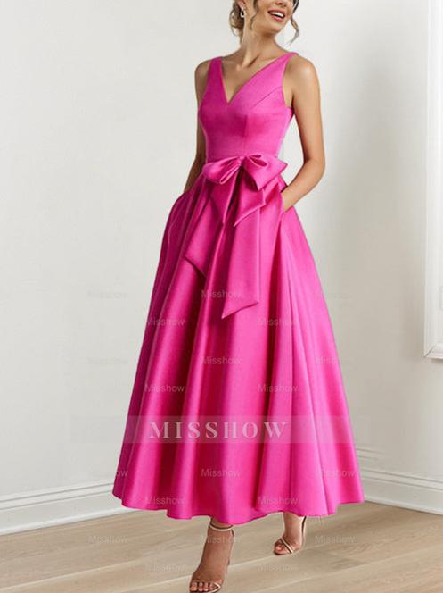 V-Neck Sleeveless A-Line Princess Ankle-Length Mother of the Bride Dress with Ruffles & Pockets