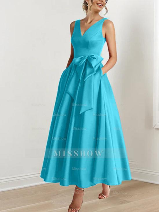 V-Neck Sleeveless A-Line Princess Ankle-Length Mother of the Bride Dress with Ruffles & Pockets