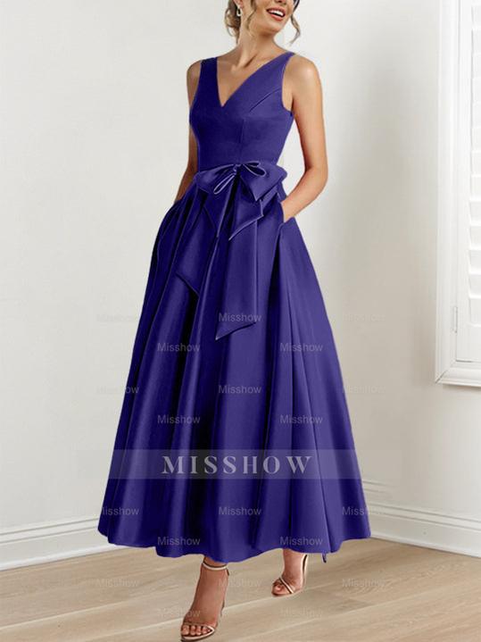V-Neck Sleeveless A-Line Princess Ankle-Length Mother of the Bride Dress with Ruffles & Pockets