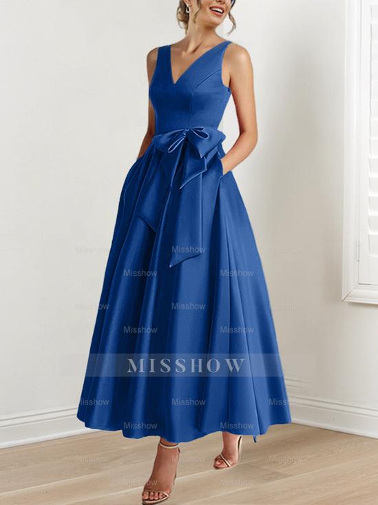 V-Neck Sleeveless A-Line Princess Ankle-Length Mother of the Bride Dress with Ruffles & Pockets