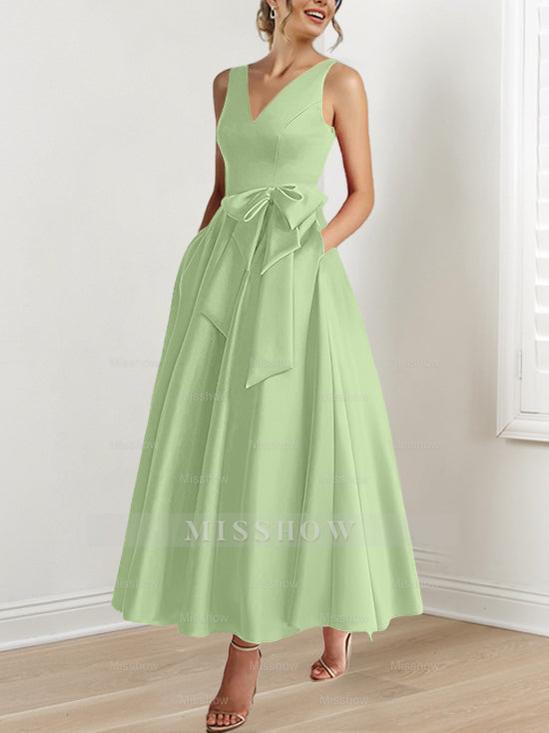 V-Neck Sleeveless A-Line Princess Ankle-Length Mother of the Bride Dress with Ruffles & Pockets