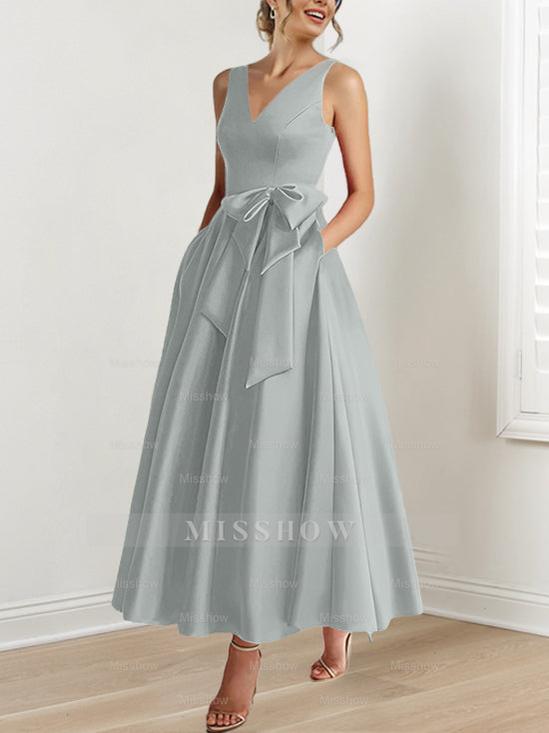 V-Neck Sleeveless A-Line Princess Ankle-Length Mother of the Bride Dress with Ruffles & Pockets