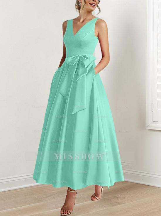 V-Neck Sleeveless A-Line Princess Ankle-Length Mother of the Bride Dress with Ruffles & Pockets
