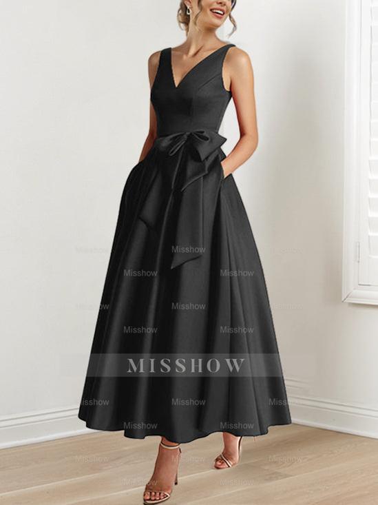 V-Neck Sleeveless A-Line Princess Ankle-Length Mother of the Bride Dress with Ruffles & Pockets