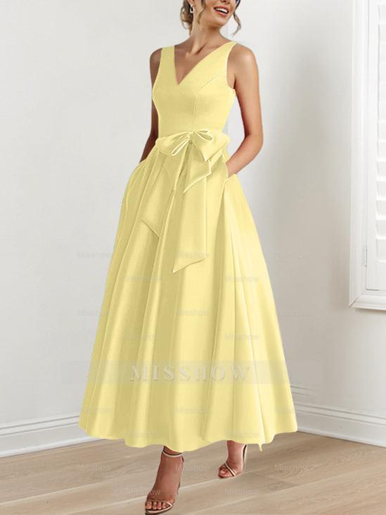 V-Neck Sleeveless A-Line Princess Ankle-Length Mother of the Bride Dress with Ruffles & Pockets