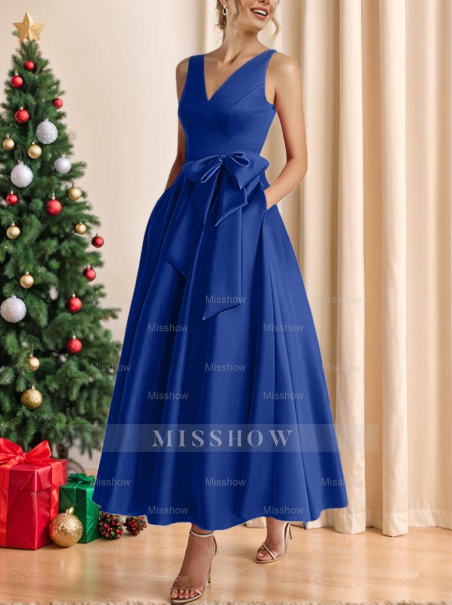 V-Neck Sleeveless A-Line Princess Ankle-Length Mother of the Bride Dress with Ruffles & Pockets