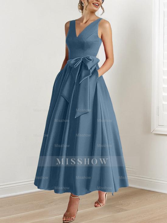 V-Neck Sleeveless A-Line Princess Ankle-Length Mother of the Bride Dress with Ruffles & Pockets