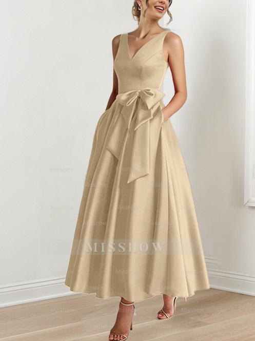 V-Neck Sleeveless A-Line Princess Ankle-Length Mother of the Bride Dress with Ruffles & Pockets