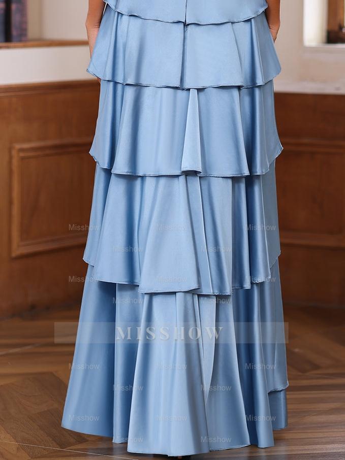 V-Neck Sleeveless A-Line Princess Floor-Length Mother of the Bride Dress With Ruffles & Wrap