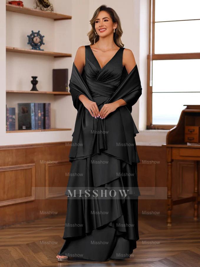 V-Neck Sleeveless A-Line Princess Floor-Length Mother of the Bride Dress With Ruffles & Wrap