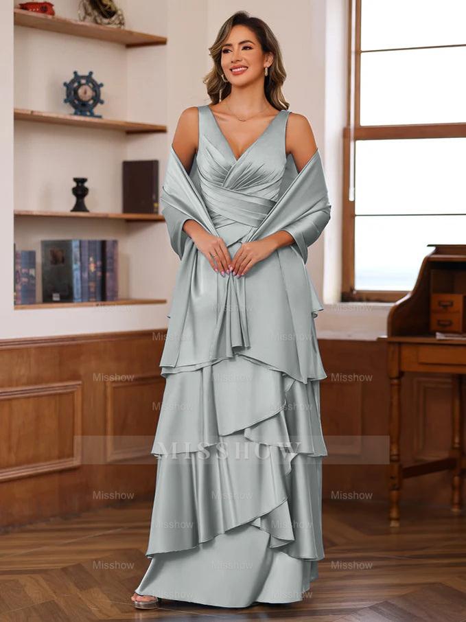 V-Neck Sleeveless A-Line Princess Floor-Length Mother of the Bride Dress With Ruffles & Wrap