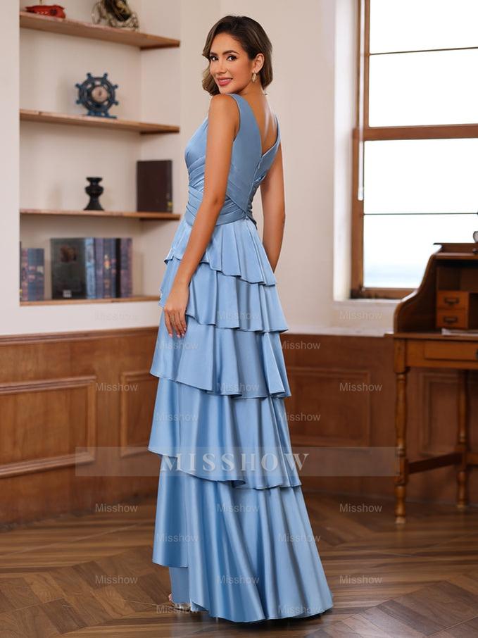 V-Neck Sleeveless A-Line Princess Floor-Length Mother of the Bride Dress With Ruffles & Wrap