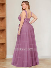 V-Neck Sleeveless A-Line Princess Floor-Length Tulle Plus Size Mother of the Bride Dress with Ruffles